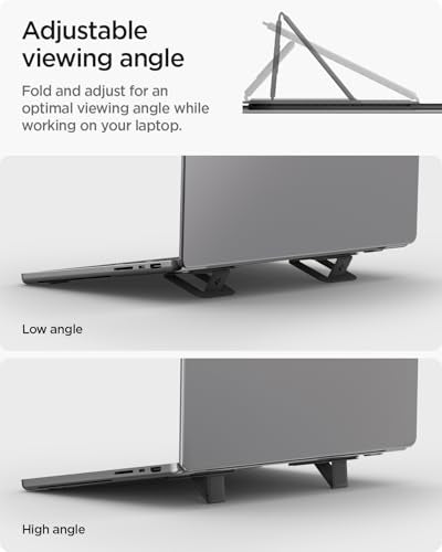 Spigen Slim Fold Adhesive Laptop Stand 2 Piece Foldable Portable Dual Ergonomic Angle Adjustment Lift Anti-Slip Compatible with MacBook Pro, MacBook Air 11"-16" and More - Black (LD201-S2) | Dual Ergonomic Angle Adjustment Lift Anti-Slip for MacBook Pro,