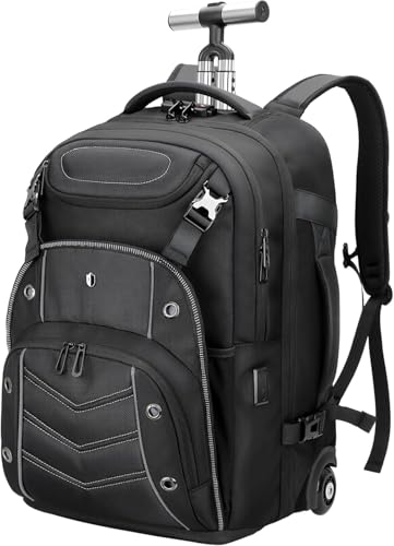 2-in-1 Large Rolling Laptop Backpack for Women Men, 50L Backpack with Wheels, USB Charging Port, Shoe Compartment Carry On Luggage for Travel, College, Sports, Gym, Weekend Trip