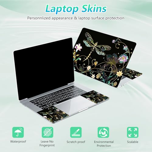 Laptop Skin Sticker Decal 12"-15.6" Universal Laptop/Notebook/Netbook Vinyl - Waterproof Scratch Resistant,Fits HP Dell Lenovo MacBook,2 Free Wrist Pads,Easy Apply & Remove,Dragonfly Floral - color: Dragonfly Floral