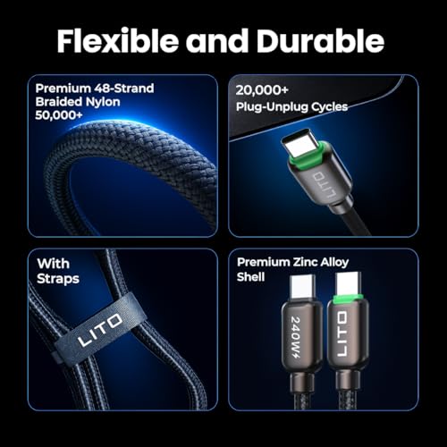 LITO 240W USB C to USB C Cable with TFT Touch Screen，PD 3.1 Fast Charge，4FT | TFT Power Meter, Smart LED Indicator, E-Marker, Premium Braided Nylon, for iPhone 17 16 15, MacBook, Laptop, Tablet
