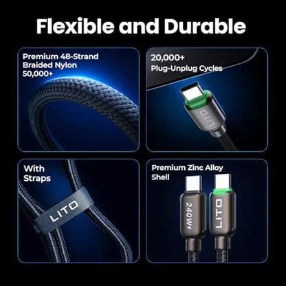 LITO 240W USB C to USB C Cable with TFT Touch Screen，PD 3.1 Fast Charge，4FT | TFT Power Meter, Smart LED Indicator, E-Marker, Premium Braided Nylon, for iPhone 17 16 15, MacBook, Laptop, Tablet