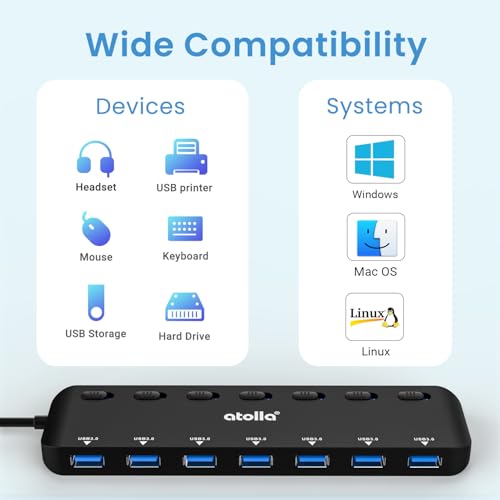 USB 3.0 Hub, atolla 7-Port USB Hub Splitter with Individual On/Off Switches and Lights, 3.28Ft Extended Cable, Suitable for Laptop, PC, MacBook, Keyboard, Mouse, Flash Drives ﻿ - size: 60 cm