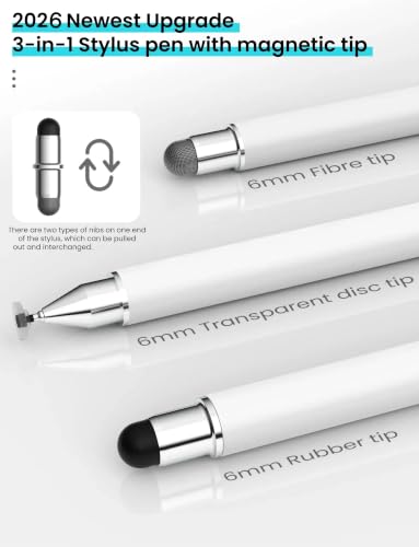 MEKO 3-in-1 Universal Stylus Pen for Touchscreen(White) | High Sensitivity & Universal with Magnetic Replacement Tip