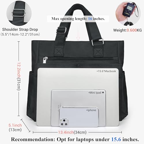 VOLGANIK ROCK Canvas Tote Bag Waterproof Nylon Multi Pocket Shoulder Bags Laptop Work Bag Teacher Purse Handbag for Women Men - color: Black