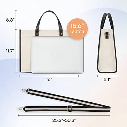Missnine Laptop Tote Bag Canvas Laptop Bag 15.6 inch Work Shoulder Bags Casual Briefcase Handbag for Travel, Office, College - color: Black+beige