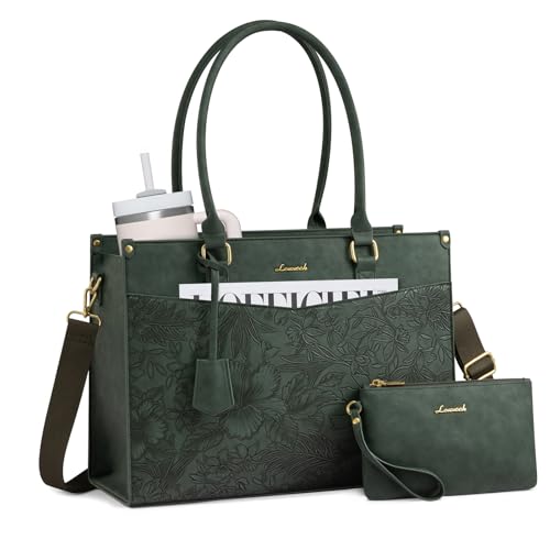 LOVEVOOK Laptop Bag for Women, 2-in-1 Tote Purse with Clutch & Cup Holder, Waterproof Briefcase for Work Travel - color: Green, size: 15.6 inch