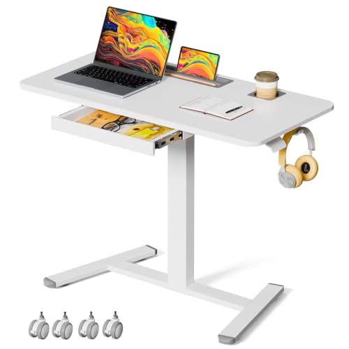 40"×24" Mobile Standing Desk with Drawer, Cup Holder & Hooks | Height Adjustable Portable Desk on Wheels, Small Computer Desk, Rolling Laptop Cart for Home Office, Classroom, White - color: White, size: 40" Pro