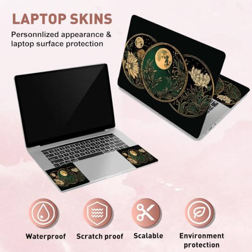 PLIGREAT Vintage Flowers Laptop Decal Sticker Skin Cover, Moon Laptop Sticker Skins Decal Fits 12" 13" 13.3" 14" 15" Laptops Universal Removable Vinyl Notebook Art Protector Netbook PC Cover Decal