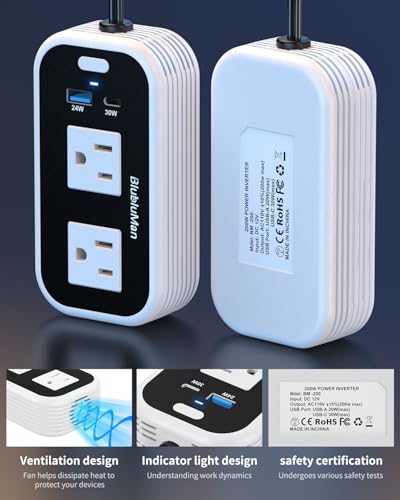 200W Car Power Inverter, Blubluman DC 12V to 110V AC Car Plug Adapter Outlet with 30W PD Charger, QC3.0 Fast Charger 24W, Power Inverter for Vehicles, Outlet for Laptop Computer Charger