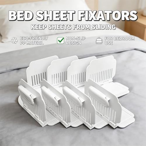 Bed Sheet Holder for Corners, New Upgrade Bed Sheet Grippers Dual-Side Lock Design, 4Pcs Bed Sheet Holders Heavy Duty Sheet Clips Fitted All Mattress Sizes, Lock Sheet Holders Keep Firm (White)