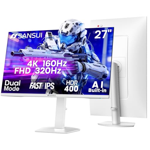 SANSUI 27" 4K Gaming Monitor, UHD 160Hz or FHD 320Hz Dual Mode PC Monitor- Fast IPS 1ms(OD) 丨2×HDMI2.1丨2×DP 1.4丨Built-in Speakers丨Eye Care丨AI Crosshair丨PIP/PBP丨HDR400丨Rotating/Height Adjustable - size: 26.99