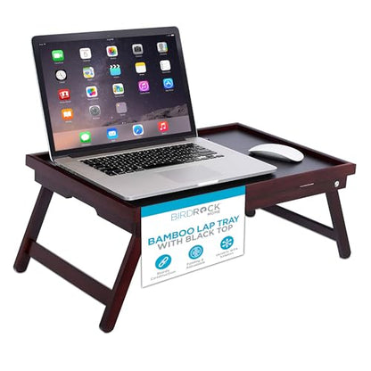BIRDROCK HOME Bamboo Lap Tray with Black Top - Adjustable Laptop Desk - Foldable Breakfast Serving Tray - Work from Bed or Couch - Portable Laptop Stand w/Tilt Positions - Durable and Stylish Lapdesk
