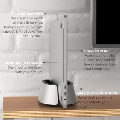 HumanCentric Vertical Laptop Stand in Silver Aluminum, Adjustable | Upright Holder & Dock, Fits MacBook Pro & Laptops .5" to 1.5", Clamshell Compatible, Laptop Vertical Stand - color: Aluminum Silver