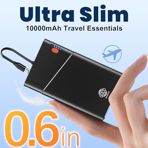 Aaoyun Portable Charger Power Bank, 10000mAh 22.5W PD Fast Charging Powerbank with Built-in USB C Cable, Slim External Phone Battery Pack for iPhone 17/16/15 Samsung S24 Android etc (Black) - color: Black-10000mah