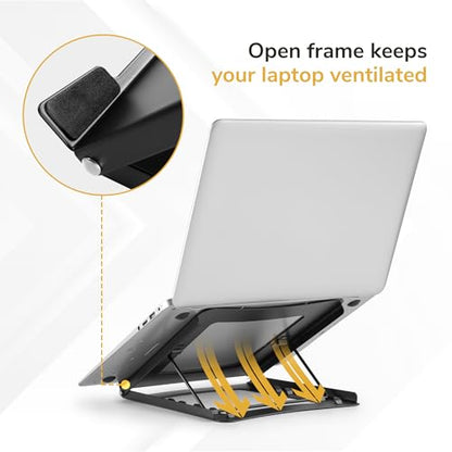 Mount-It! Laptop Stand for Desk, Adjustable Height Steel Laptop Riser for 10–15 Inch Laptops & Tablets, Foldable Portable Laptop Stand with Ventilated Cooling Design, Ergonomic Computer Stand, Black
