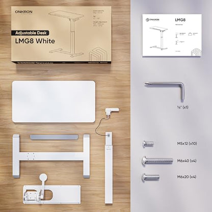 ONKRON Portable Desk on Wheels, max 17.6 lbs, Mobile Workstation, White | Height adjustable overbed table with 90° tilting top, hidden wheels, low-profile base; for laptop, bedside use & study