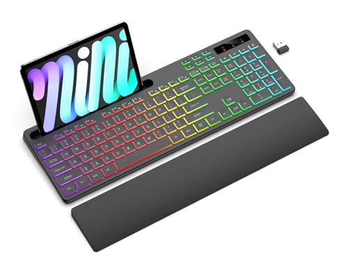 Soueto Wireless Keyboard with 7 Colors & 4 Modes RGB Backlit, Ergonomic Keyboard with Wrist Rest, Phone Tablet Holder, 2.4G Light Up Computer Keyboard with Numeric Keypad for Mac, Windows