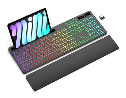 Soueto Wireless Keyboard with 7 Colors & 4 Modes RGB Backlit, Ergonomic Keyboard with Wrist Rest, Phone Tablet Holder, 2.4G Light Up Computer Keyboard with Numeric Keypad for Mac, Windows