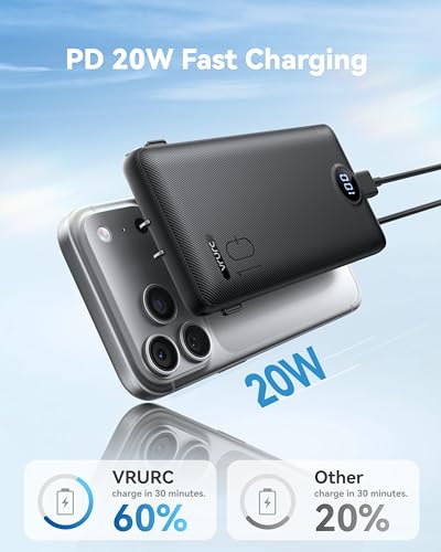 VRURC 10000mAh 22.5W Portable Charger, AC Plug & Built-in Cables,Black | Slim battery pack ,PD 20W fast charging, for business travel,compatible with iPhone & Samsung - color: Black