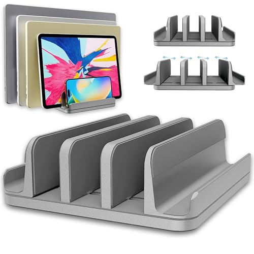 Vertical Laptop Stand Holder 5 Slots, Aluminum Space-Saving Laptop Holder, Adjustable Size Dock Tabletop Desk Organizer 3 Slot + 2 for Apple MacBook/Surface/PC/Tablet/iPad/iPhone (Space Gray) - color: Space Gray