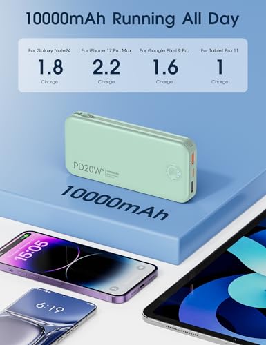 Nusyddy Portable Charger 10000mAh Fast Charging w/Built-in Wall Plug Green | PD20W Fast Charging, LED Indicator, Pass Through Charging, TSA Approved, Compact/Slim, Power Bank for iPhone/iPad/Samsung - color: Lime