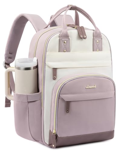 LOVEVOOK Laptop Backpack Women with Tumbler Holder,15.6 inch Work Travel Backpack Computer Laptop Bag,Cute College Nurse Teacher Backpack Purse,Gifts for Women & Men,Light purple-Beige-Pinkish purple - color: Light Purple-beige-pinkish Purple, size: 15.6-