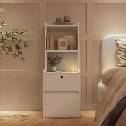 Modern Smart Nightstand with Night Light & Charging Station, Night Stand with Bookshelf, Lockable Bedside Cabinet Tables with 2 Storage Drawers for Bedroom Home Office - color: White
