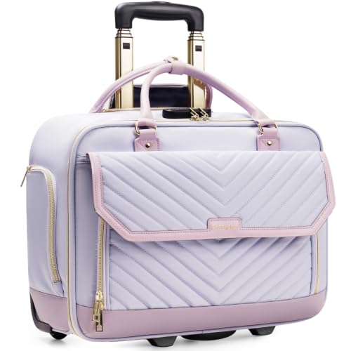 Arcoyard Rolling Laptop Bag Women, Rolling Briefcase for Women for Work, 17 Inch Computer Bag with Wheels, Fashion Flap Laptop Bag With Wheels for Work Business, TSA Friendly Design, Light Purple - color: V-Shaped Light Purple, size: 2 Wheels / 17-inch
