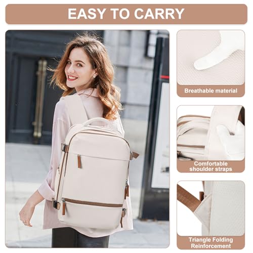 suwasp Travel Backpack Simple Durable Carry On Backpack with Shoe Compartment, Personal Item Travel Bag Flight Approved, Water Resistant Laptop Backpack for Women Men Weekender Business, Beige - color: Cream Color