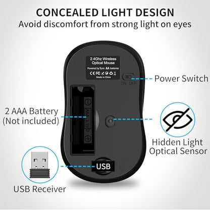 Small Ergonomics Wireless Mouse, Silent USB Cordless Computer Mouse, Black | Suitable for Small to Medium-Sized Hands, Quiet Clicking, Invisible Light Optical Tracking, for Laptop PC Tablet Windows Mac
