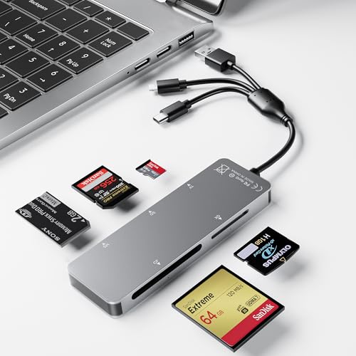 Memory Stick pro Duo Adapter 5-in-1 Multi Memory Card Reader Supports SD/TF/CF/MS/XD Picture Card for PC/USB-C/iPhone, Lightning+USB A+USB C Memory Stick pro Duo Reader for iPhone - color: Silver