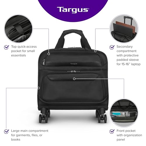 Targus 16” Transit 4-Wheel Rolling Laptop Bag, Lightweight Multi-Compartment Carry-On Rolling Briefcase for Women Men, Laptop Bag on Wheels, Telescopic Handle, Smooth-Gliding Wheels, Black (TBR044GL) - size: 16"