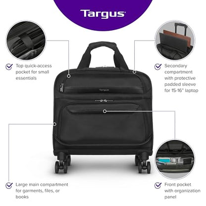 Targus 16” Transit 4-Wheel Rolling Laptop Bag, Lightweight Multi-Compartment Carry-On Rolling Briefcase for Women Men, Laptop Bag on Wheels, Telescopic Handle, Smooth-Gliding Wheels, Black (TBR044GL) - size: 16"
