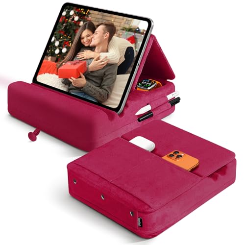 Tablet Pillow Stand with Storage, Foldable iPad Holder for Lep, Bed, Sofa, and Desk - Soft Pad Dock with Pocket and Stylus Mount Compatible with 4-13" iPad Pro/Air/Mini, Galaxy Tab, Kindle (Red) - color: Red