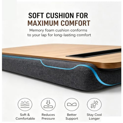 Wooden Lap Desk with Cushion,Work from Home Solution, Lightweight, Fits up to 17 inches Laptop,Lightweight Stand with Soft Wrist Pad,Laptop Pad for Couch