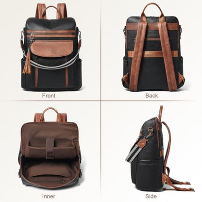 Laptop Backpack for Women 15.6 inch,Travel Leather Backpack Purse Nurse Teacher Carry on Backpack Computer Bag,Professional Water-Resistant College Business Work Casual Daypack,Black with Brown - color: Black With Brown
