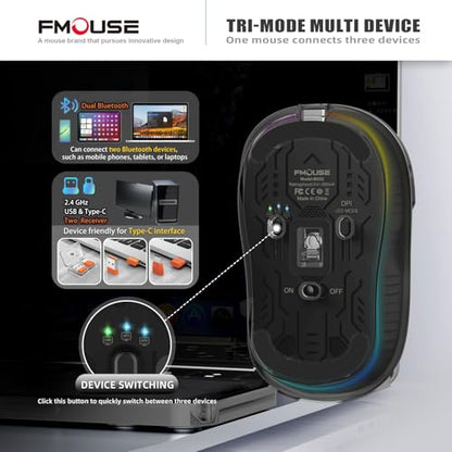 FMOUSE Transparent Wireless Mouse, Tri-Mode Bluetooth 5.1 & 2.4GHz, USB-A & USB-C Receiver, Silent Rechargeable RGB, 3 Devices for MacBook Laptop iPad PC, Business Minimalist — Black - color: Black