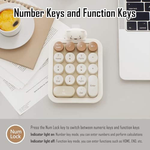 Wireless Number Keypad with Cute Silicone Bear, 18 Colorful Round Keys Numpad, 2.4G USB Wireless Connection, Portable Financial Accounting Numeric Keyboard, Suitable for PC, Laptop (MilkTea) - color: MilkTea