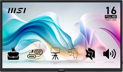 msi Pro MP165 E6 Ultra Slim & Light Portable Monitor,15.6" FHD IPS 1080p, USB Type-C, HDMI, Built-in Speakers, Tripod Mount Support, Perfect for PC, Mac, PS5, PS4, Xbox, Mobile, Metal Gray - style: Pro MP165 E6