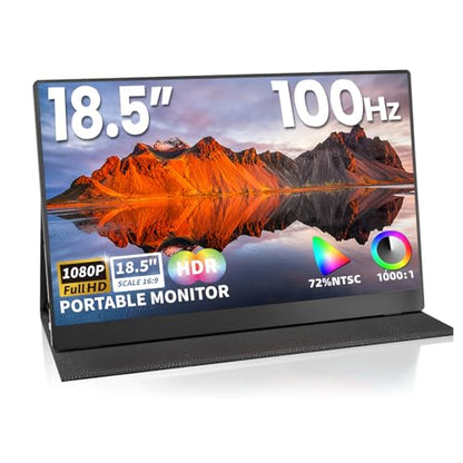 Portable Monitor 18.5 Inch IPS Display, FHD 1080p 100Hz 100% sRGB Laptop Screen Extender, HDR HDMI USB-C VESA Travel Monitor for Laptop PC Mac Phone, PS4/5, Xbox, Switch