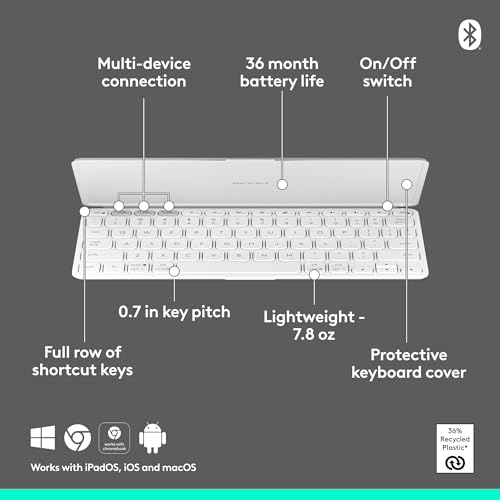 Logitech Keys-to-Go 2 Portable Bluetooth Keyboard - Pale Grey | Built-in cover, slim and compact, for tablet, Windows, Android, Linux, iPad, iPhone, Mac, Apple TV - color: Pale Gray, style: Keys-To-Go 2