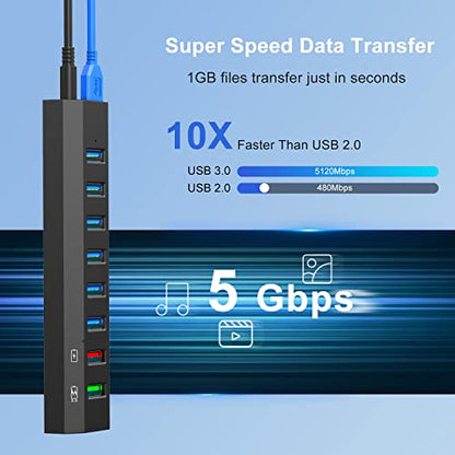 RAOYI Powered USB 3.0 Hub, 8 Ports High Speed USB 3.0 Hub Splitter with 36W Power Adapter, 3.3ft Cable and Smart Fast Charger USB Hub for Laptop, PC, Mobile HDD, Mulitple Devices (Black) - size: Black, style: 8-Port 36W Trapezoid