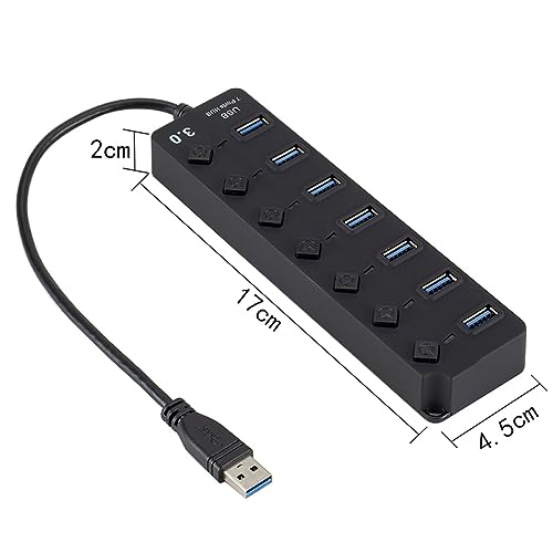 Uonlytech 7-Port USB 3.0 Hub LED Indicators for Computer Laptop and Tablet High-Speed USB Splitter Independent Power Control Black