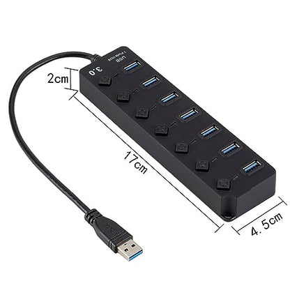 Uonlytech 7-Port USB 3.0 Hub LED Indicators for Computer Laptop and Tablet High-Speed USB Splitter Independent Power Control Black
