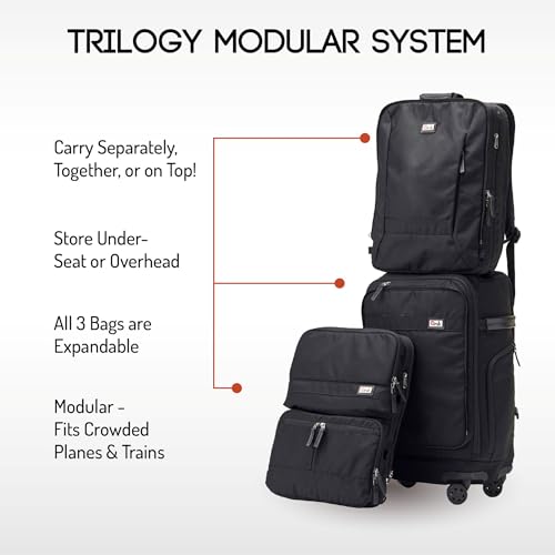 Trilogy Modular System I Modular 4-wheel spinner carry-on, with two zip-off bags! All 3 are Expandable! You get 3 bags in 1! Mix and match; take apart to fit crowded airplane spaces (Black) - color: Black