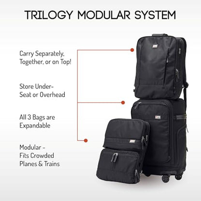 Trilogy Modular System I Modular 4-wheel spinner carry-on, with two zip-off bags! All 3 are Expandable! You get 3 bags in 1! Mix and match; take apart to fit crowded airplane spaces (Black) - color: Black