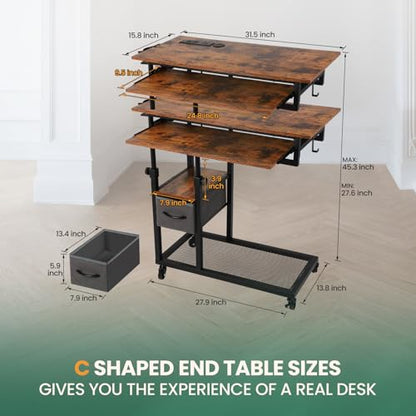 FAHKNS Adjustable C Table with Charging Station, Tiltable Desk C Shaped End Table for Couch, Over Bed Table with Wheels Adjustable Height, Hospital Laptop Stand Drawing Desk