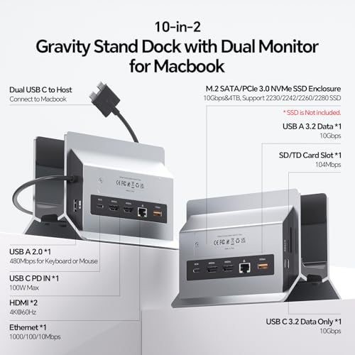 MacBook Docking Station Dual Monitor 4K@60Hz with M.2 NVMe SSD Enclosure | PULWTOP Vertical USB C Laptop Stand Dock for MacBook M5/M4 Pro/Max, 2 HDMI, PD, USB A/C 10Gbps, Ethernet, Space-Saving - Gray