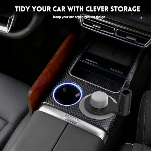 360° Rotation Car Desk for Laptop, Height-Adjustable Cup Holder Table, Wooden Car Food Tray & Laptop Mount Compatible with Tesla Model Y/3/S, Ford F150/Explorer/Maverick & Most Vehicles (Warm Walnut)