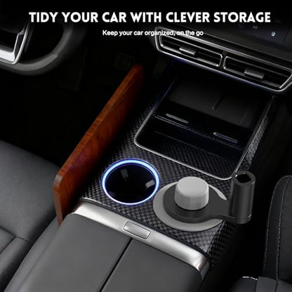 360° Rotation Car Desk for Laptop, Height-Adjustable Cup Holder Table, Wooden Car Food Tray & Laptop Mount Compatible with Tesla Model Y/3/S, Ford F150/Explorer/Maverick & Most Vehicles (Warm Walnut)